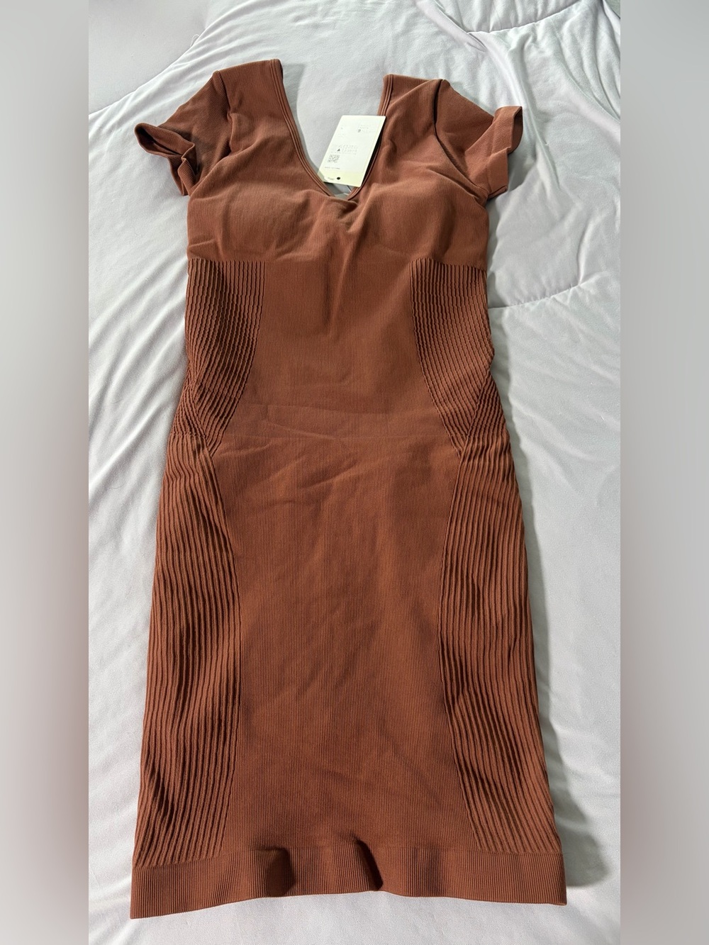 HALARA Brown Ribbed-Panel Bodycon Dress with Shapewear